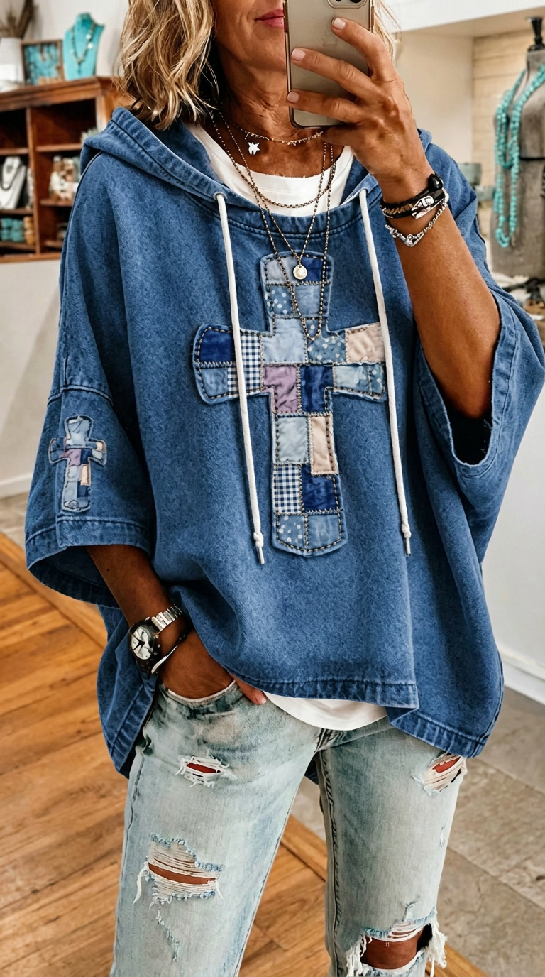 Patchwork Cross Denim Hooded Top
