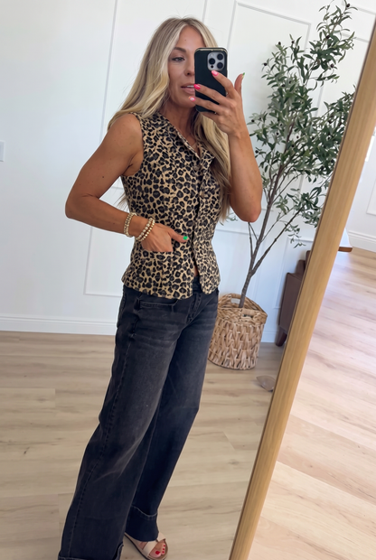 Leopard Print Sleeveless Denim Vest