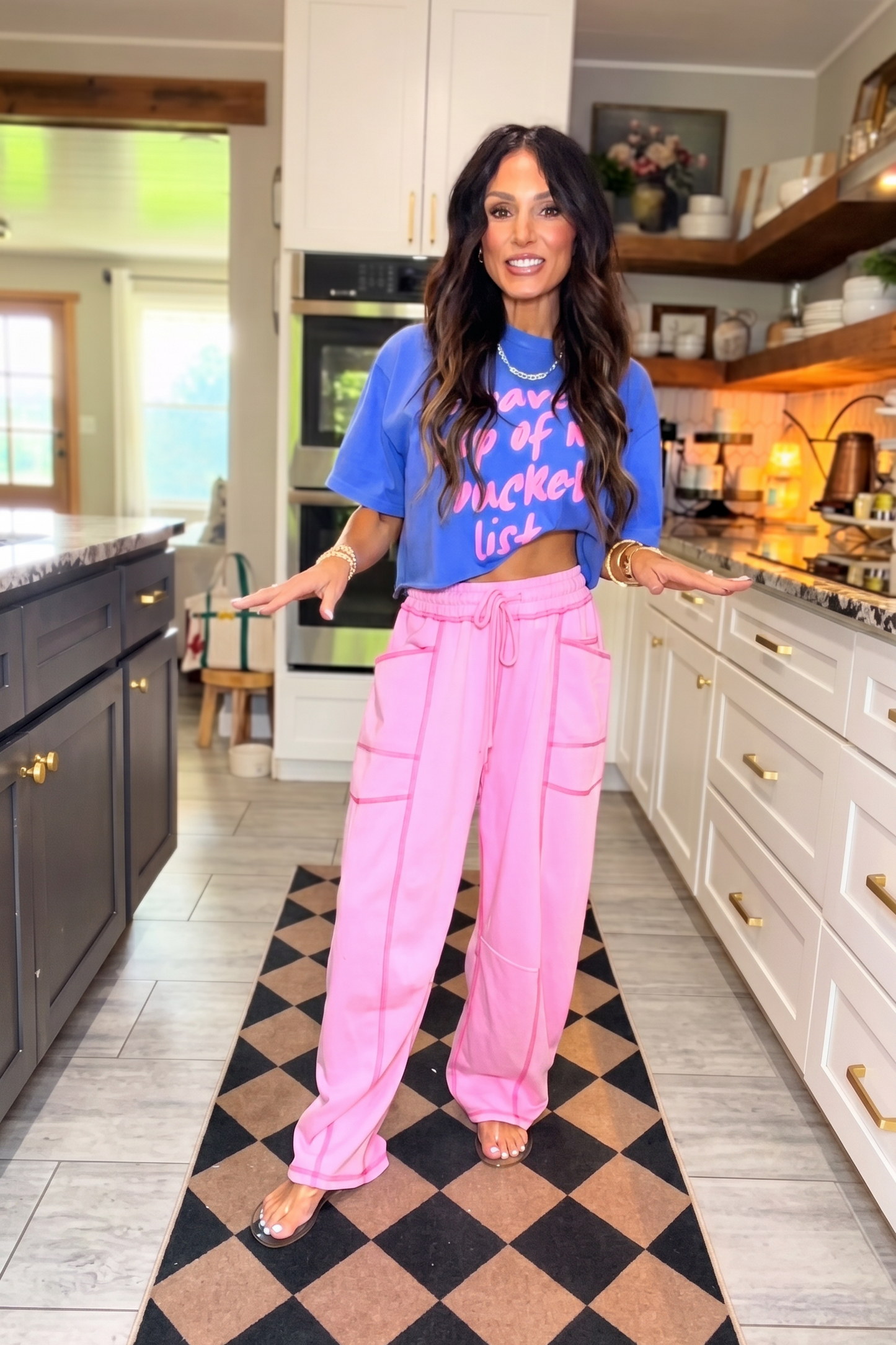 Pink Contrast Stitch Drawstring Sweat Pants