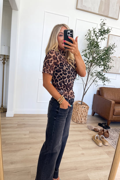 Leopard Print Mesh Mock Neck Short Sleeve Top
