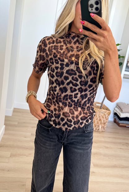 Leopard Print Mesh Mock Neck Short Sleeve Top