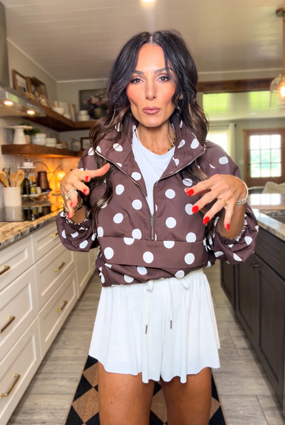 Brown White Polka Dot Half-Zip Windbreaker