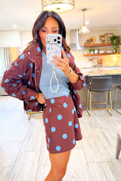 Brown Blue Polka Dot 2 Piece Short Set