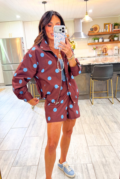 Brown Blue Polka Dot 2 Piece Short Set