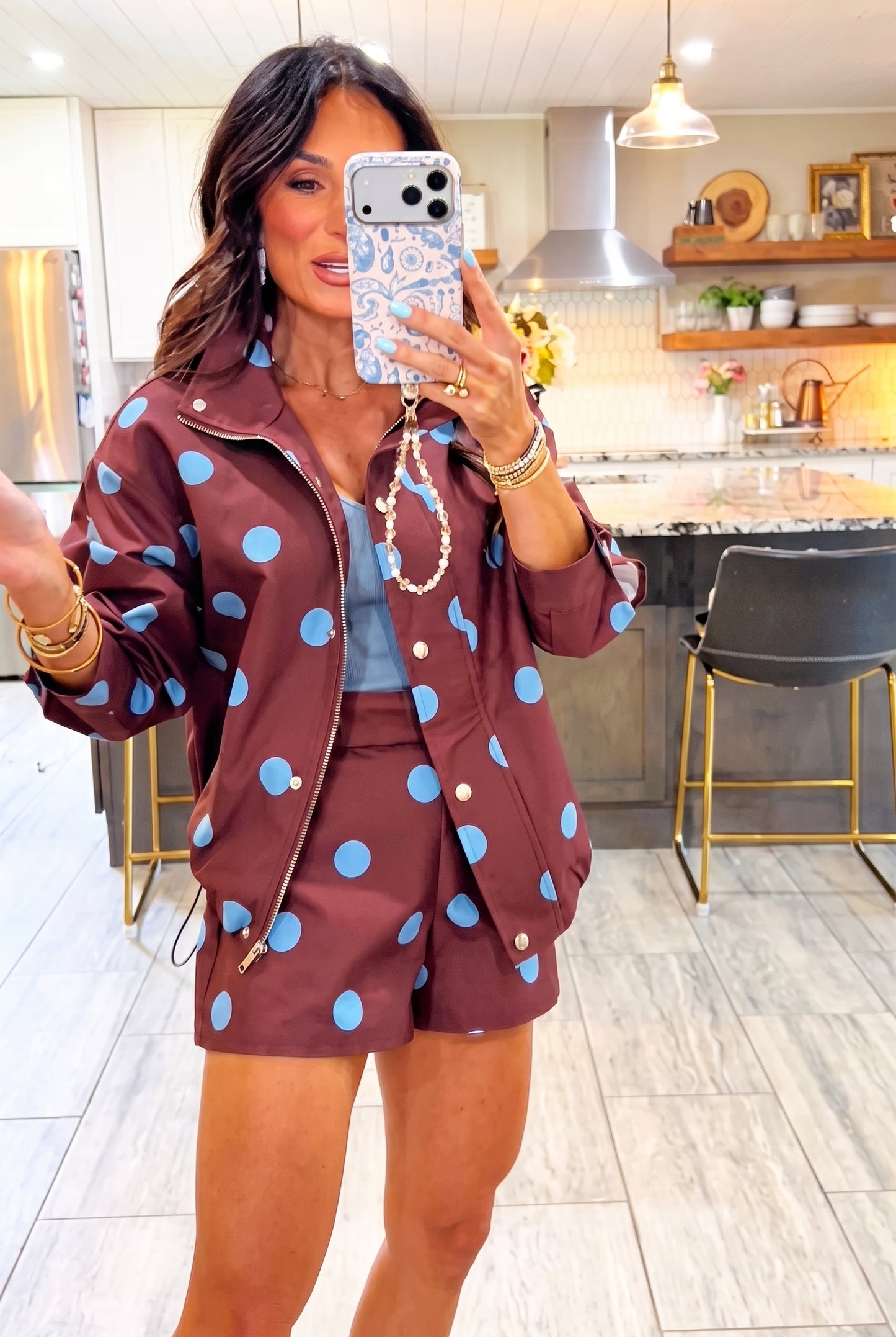 Brown Blue Polka Dot 2 Piece Short Set