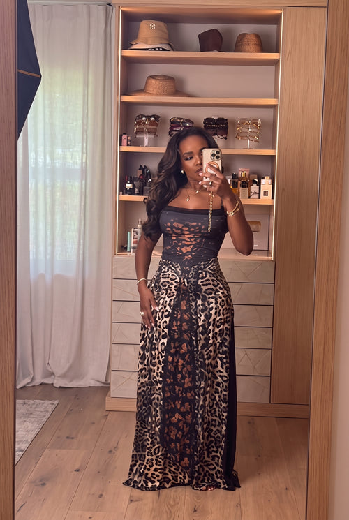 Leopard Lace-Up Back Satin Maxi Dress