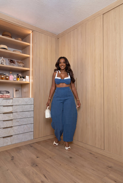 Blue Contrast Trim Crop Top & Curved Wide Leg Pant Two Piece Set