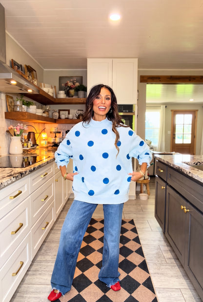 Oversized Light Blue Navy Polka Dot Fleece Lined Mock Neck Sweatshirt