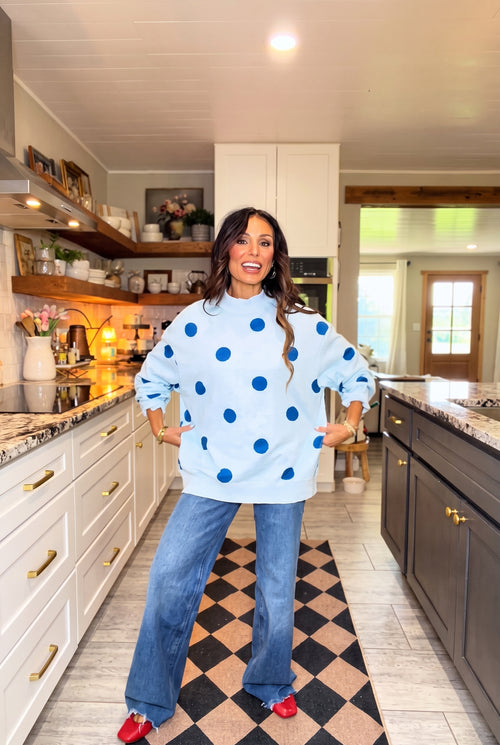 Oversized Light Blue Navy Polka Dot Fleece Lined Mock Neck Sweatshirt