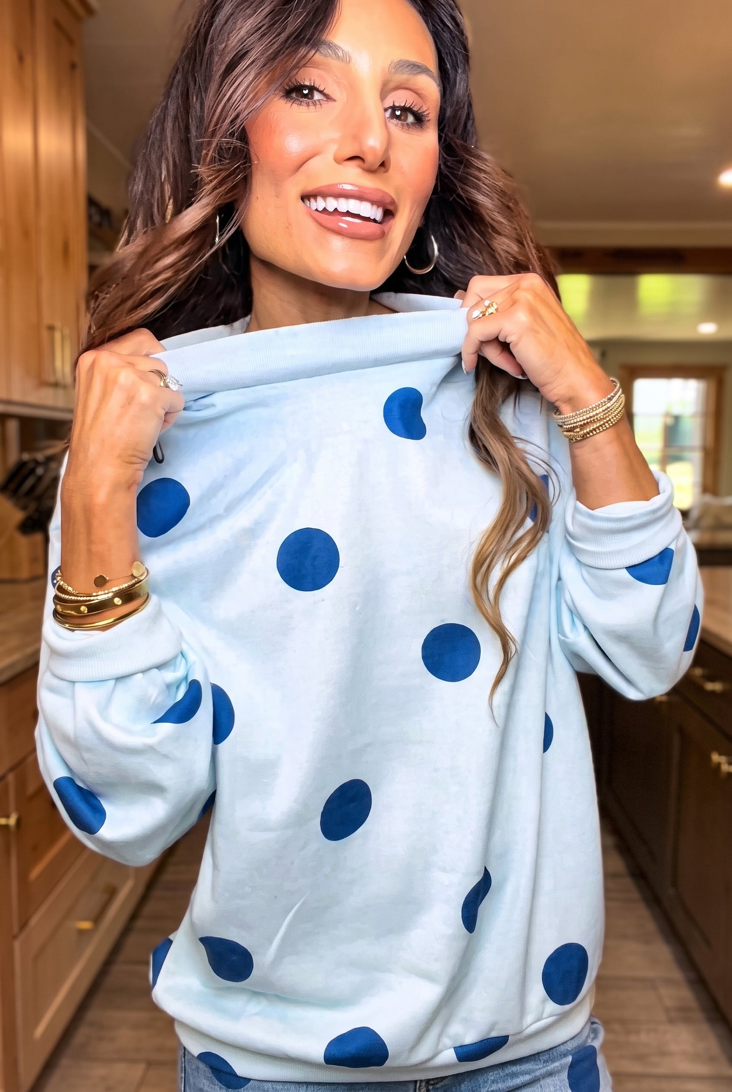 Oversized Light Blue Navy Polka Dot Fleece Lined Mock Neck Sweatshirt