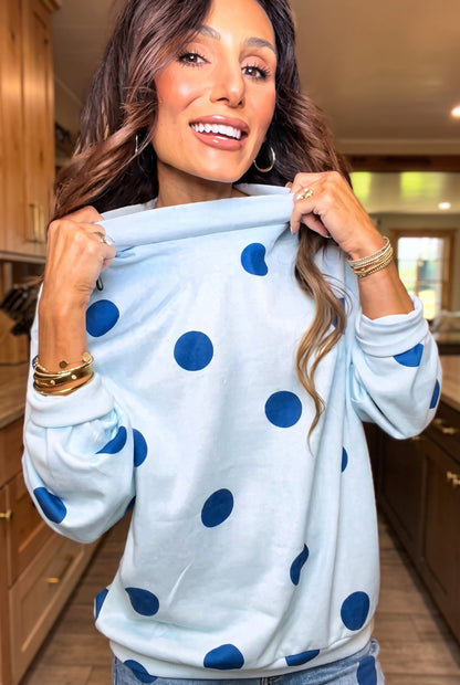 Oversized Light Blue Navy Polka Dot Fleece Lined Mock Neck Sweatshirt