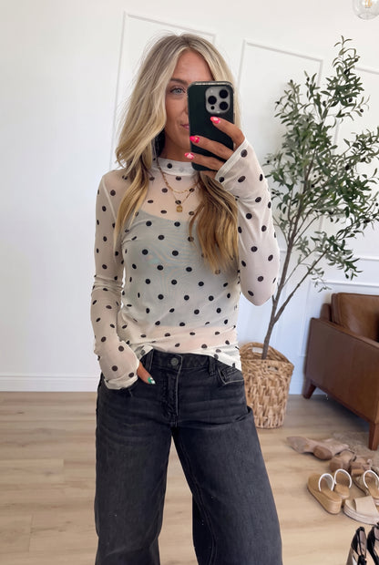 Sheer Polka Dot Mesh Long Sleeve Top