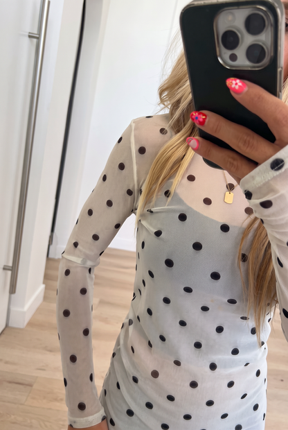 Sheer Polka Dot Mesh Long Sleeve Top