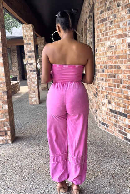 Vibrant Hot Pink Smocked Strapless Tube Top Drawstring Waist Wide Leg Jumpsuit