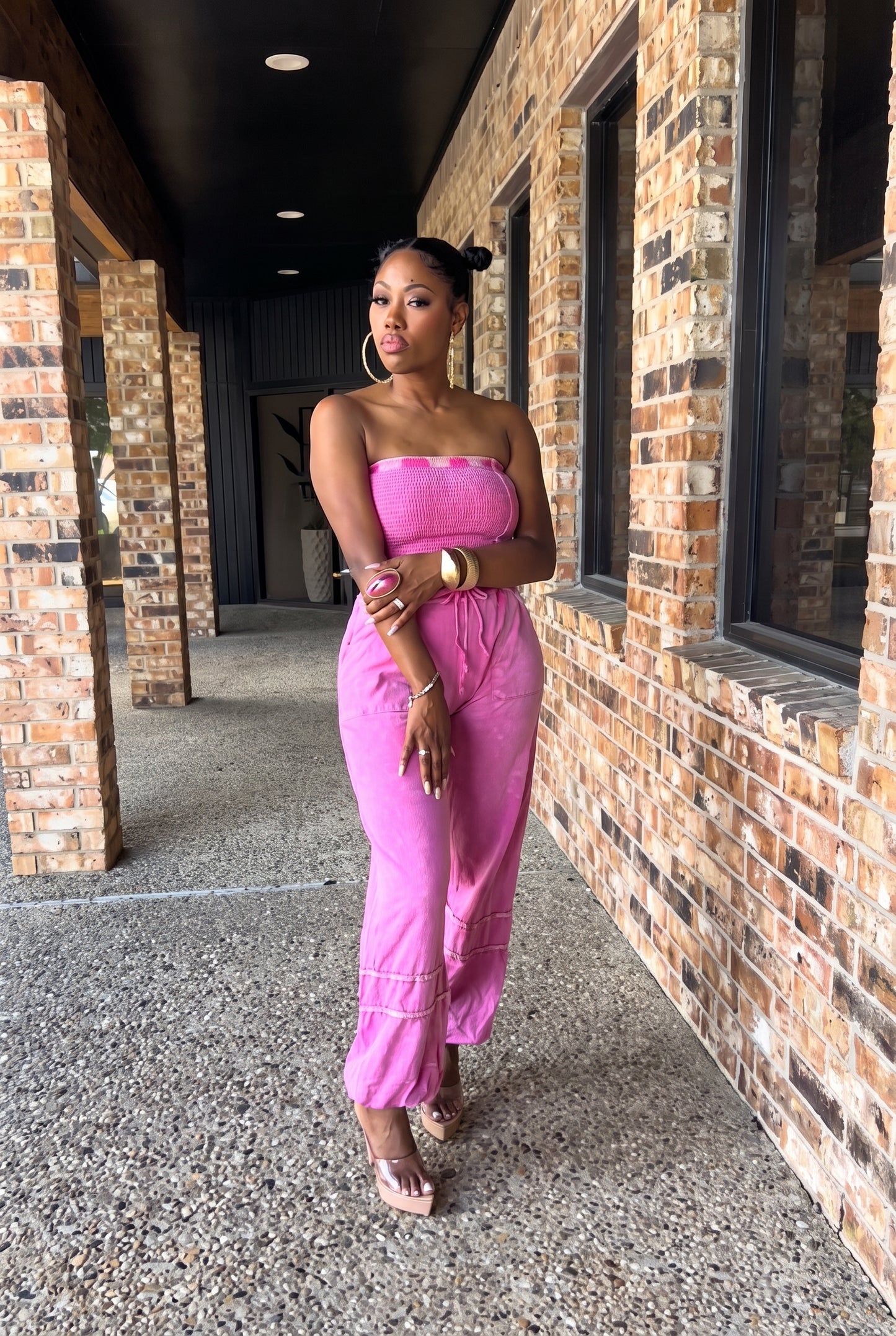 Vibrant Hot Pink Smocked Strapless Tube Top Drawstring Waist Wide Leg Jumpsuit