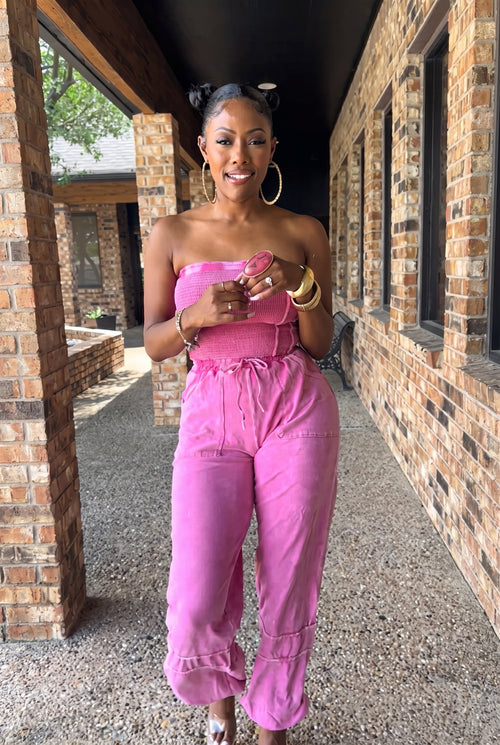 Vibrant Hot Pink Smocked Strapless Tube Top Drawstring Waist Wide Leg Jumpsuit