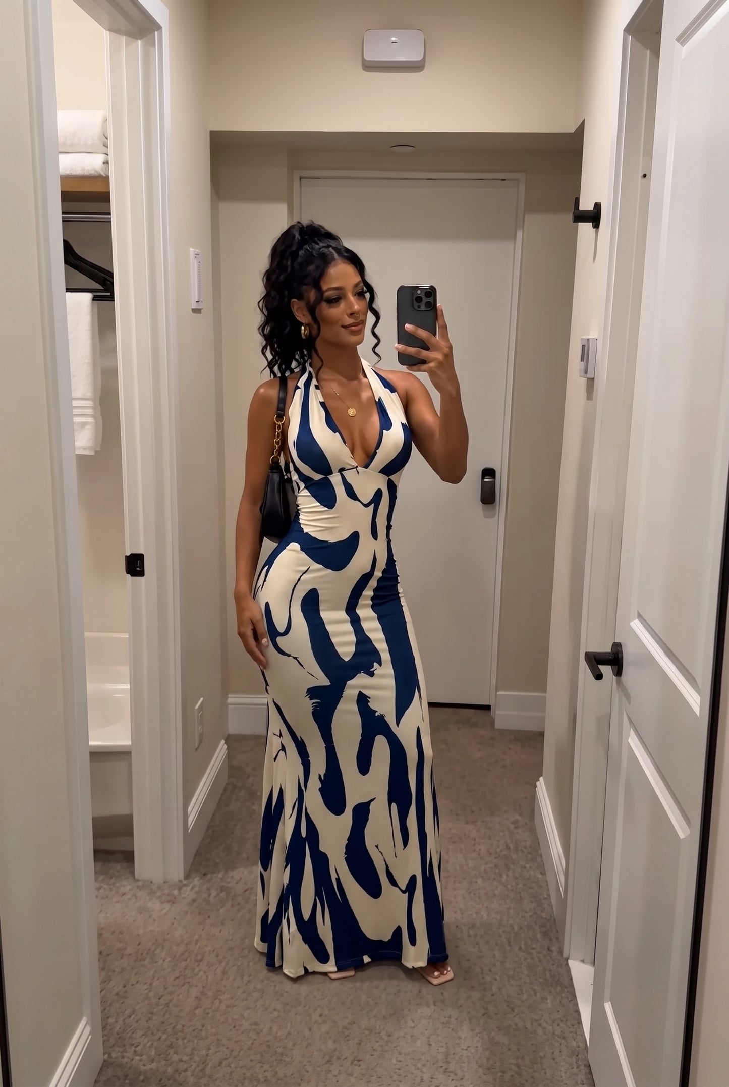 Blue White Print Halter Mermaid Maxi Dress