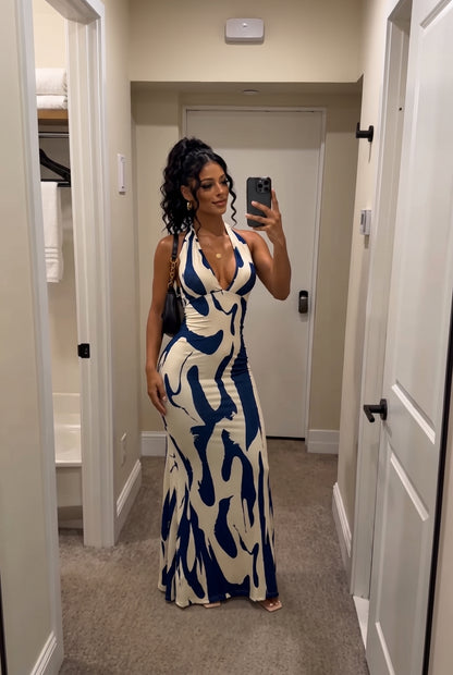 Blue White Print Halter Mermaid Maxi Dress
