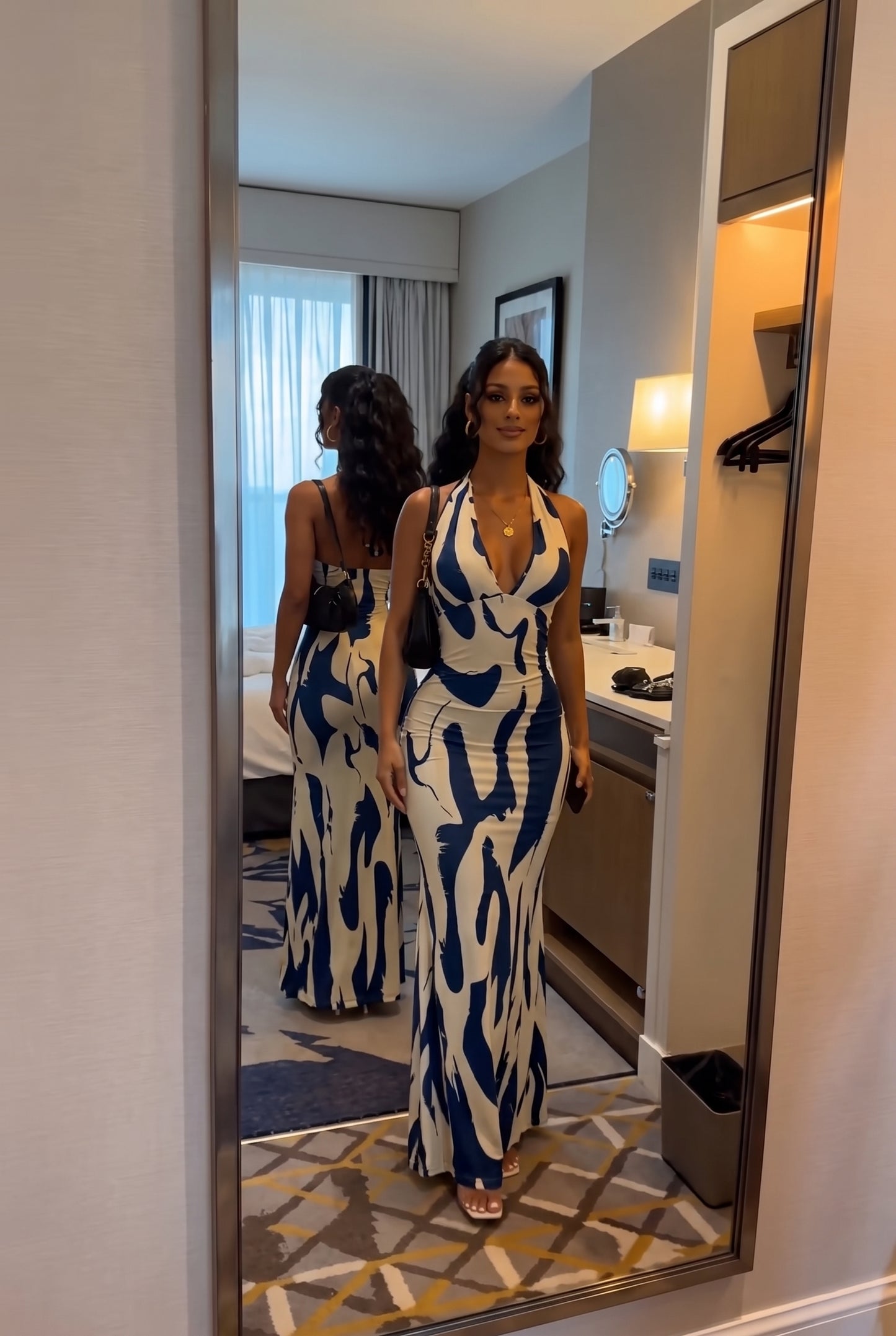 Blue White Print Halter Mermaid Maxi Dress
