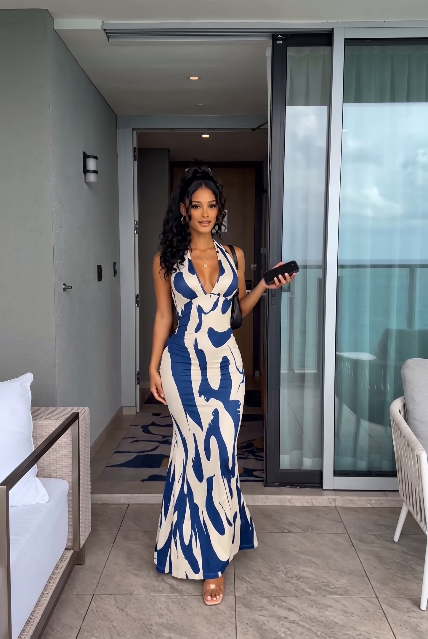 Blue White Print Halter Mermaid Maxi Dress