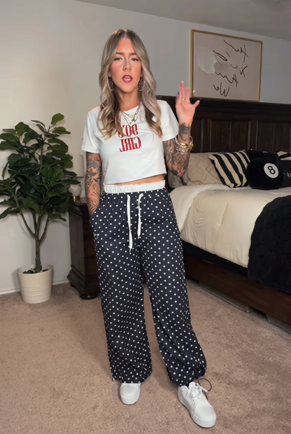 Black White Polka Dot Drawstring Jogger Pants