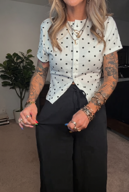 Black Lace Trim Drawstring Wide Leg Pants