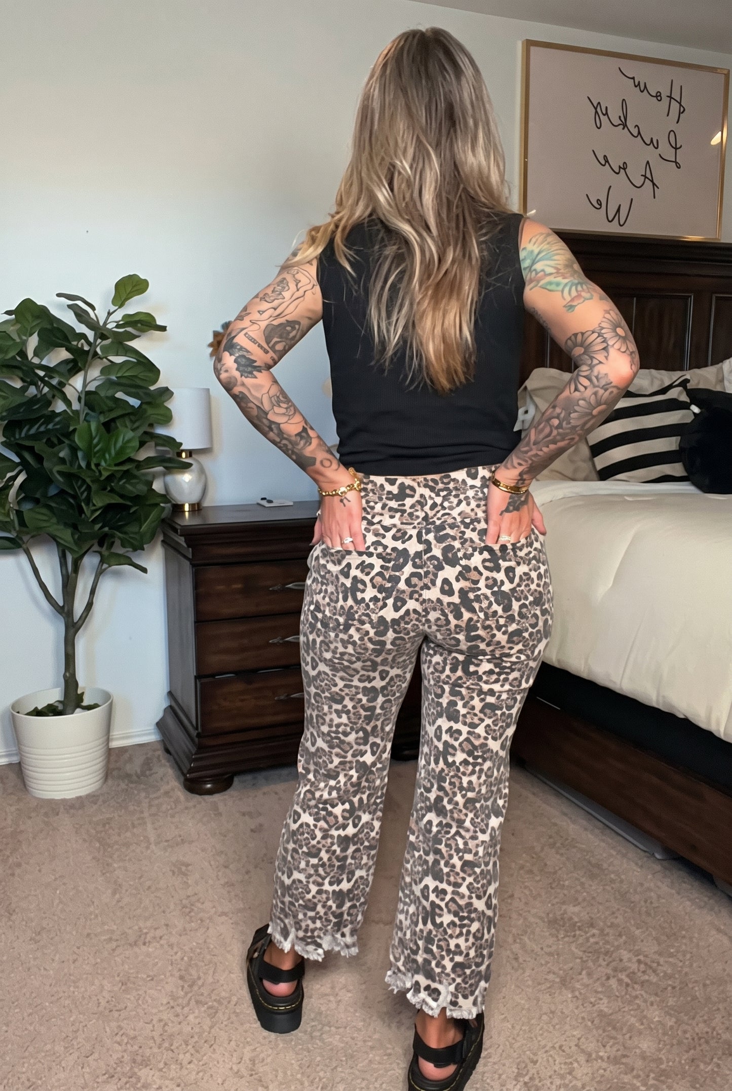 Leopard Print Frayed Hem Flare Jeans