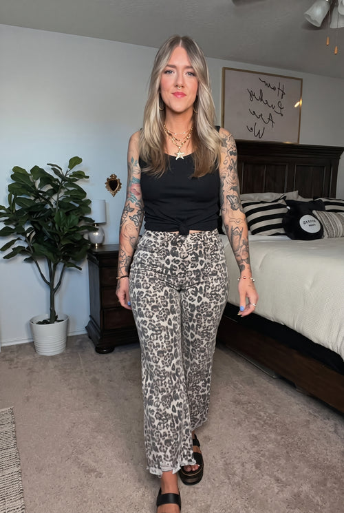 Leopard Print Frayed Hem Flare Jeans