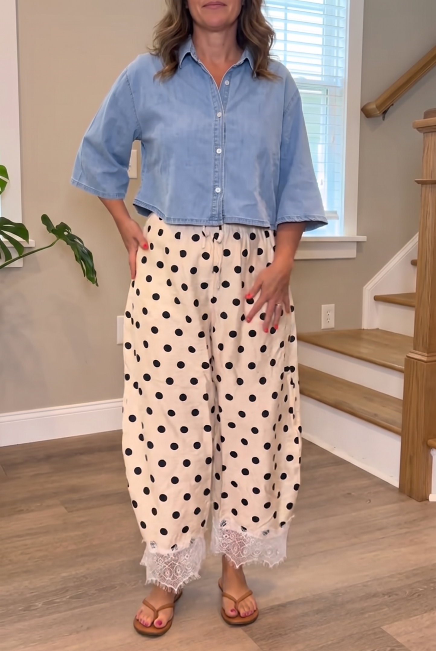 Polka Dot Lace Trim Drawstring Pants
