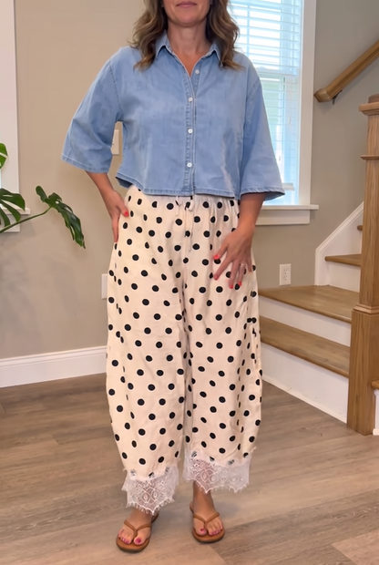 Polka Dot Lace Trim Drawstring Pants