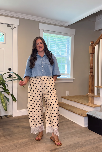 Polka Dot Lace Trim Drawstring Pants