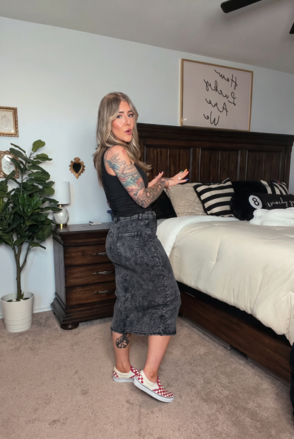 Acid Wash Slit Denim Midi Skirt