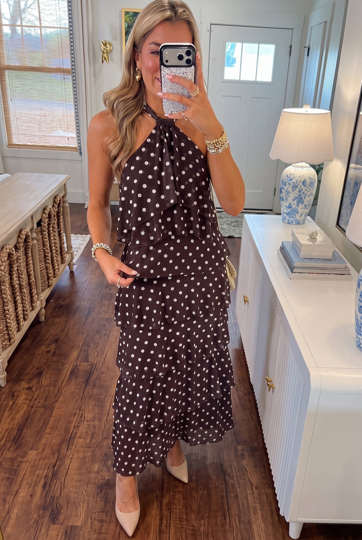 Brown White Polka Dot Halter Tiered Midi Dress