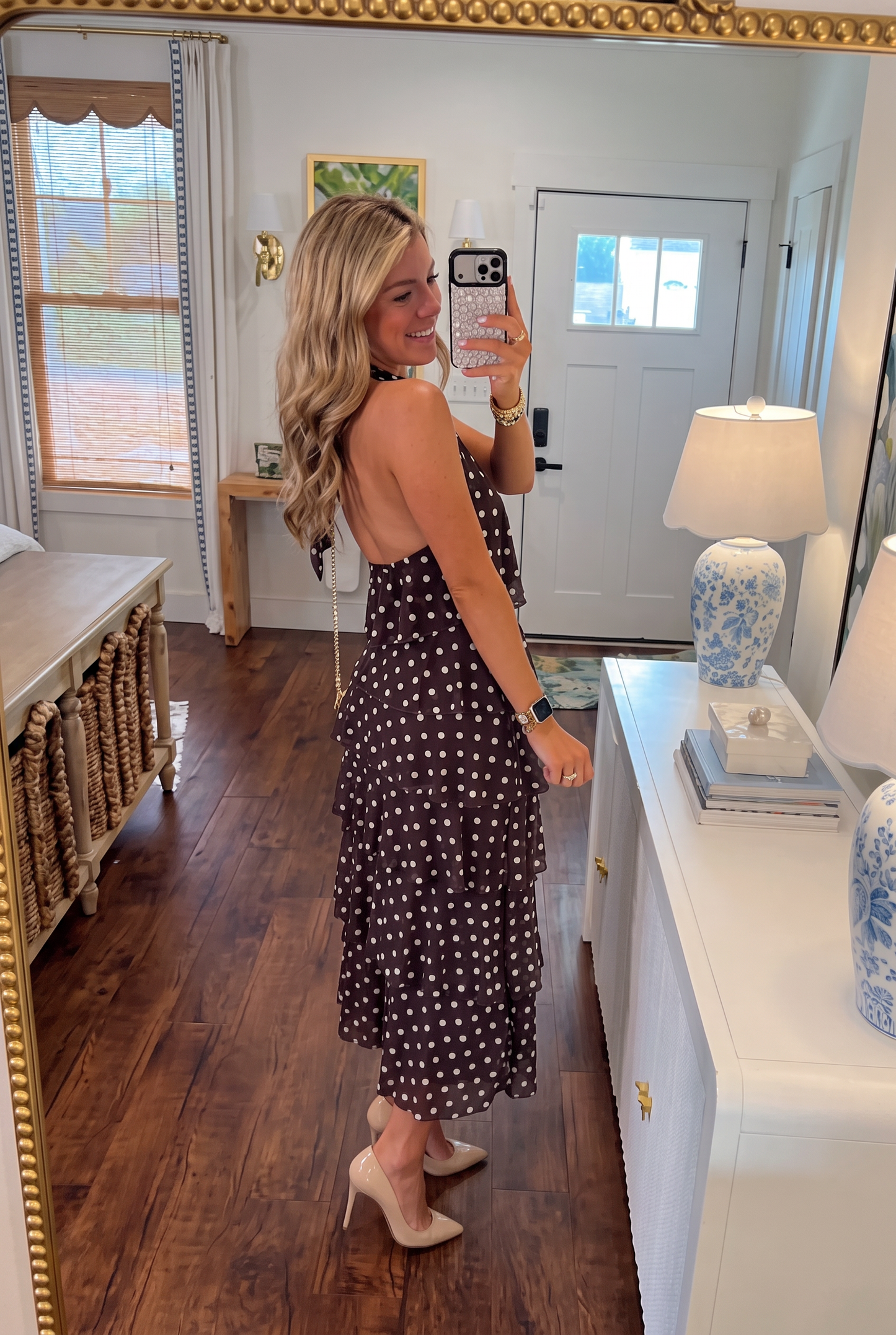 Brown White Polka Dot Halter Tiered Midi Dress