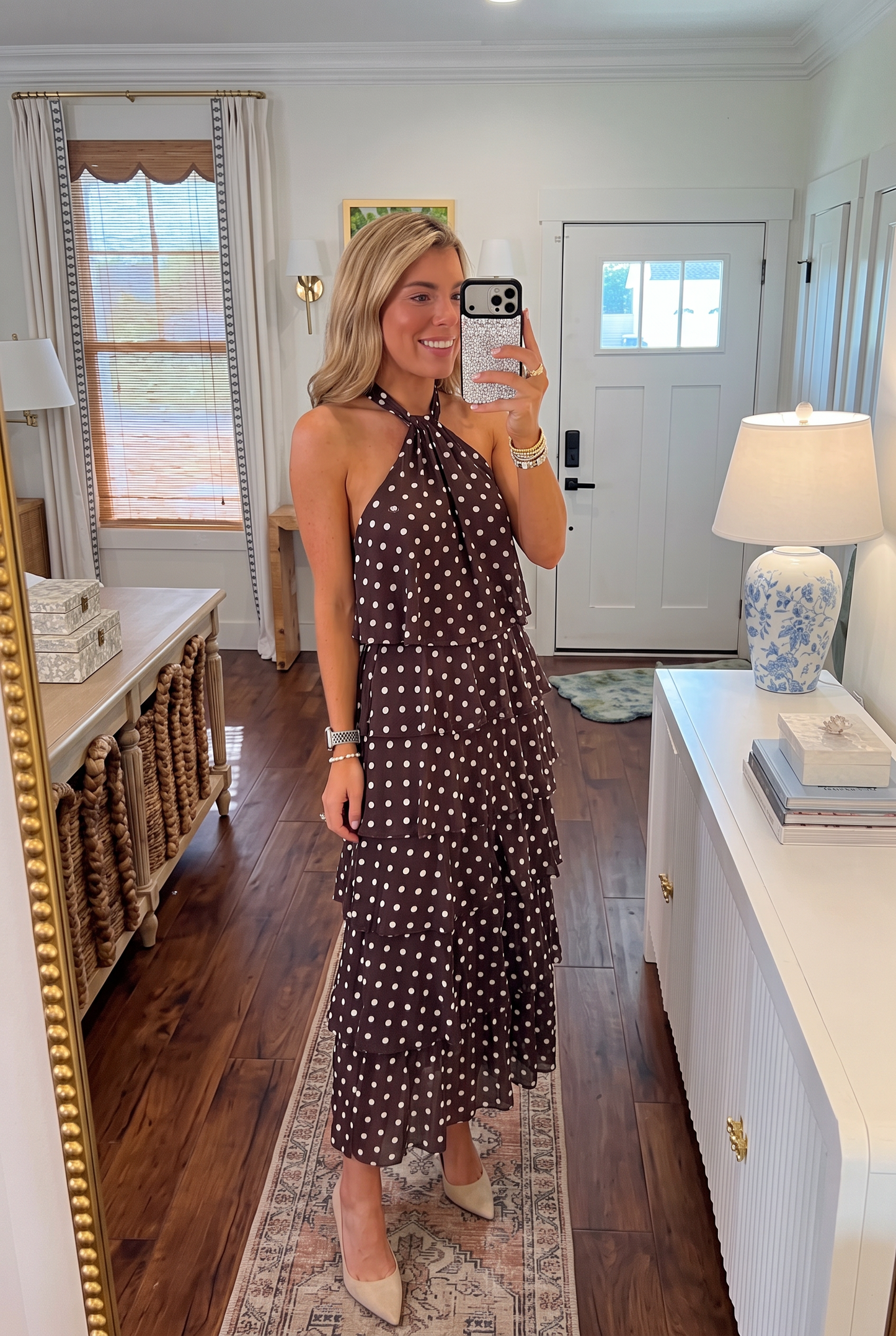 Brown White Polka Dot Halter Tiered Midi Dress