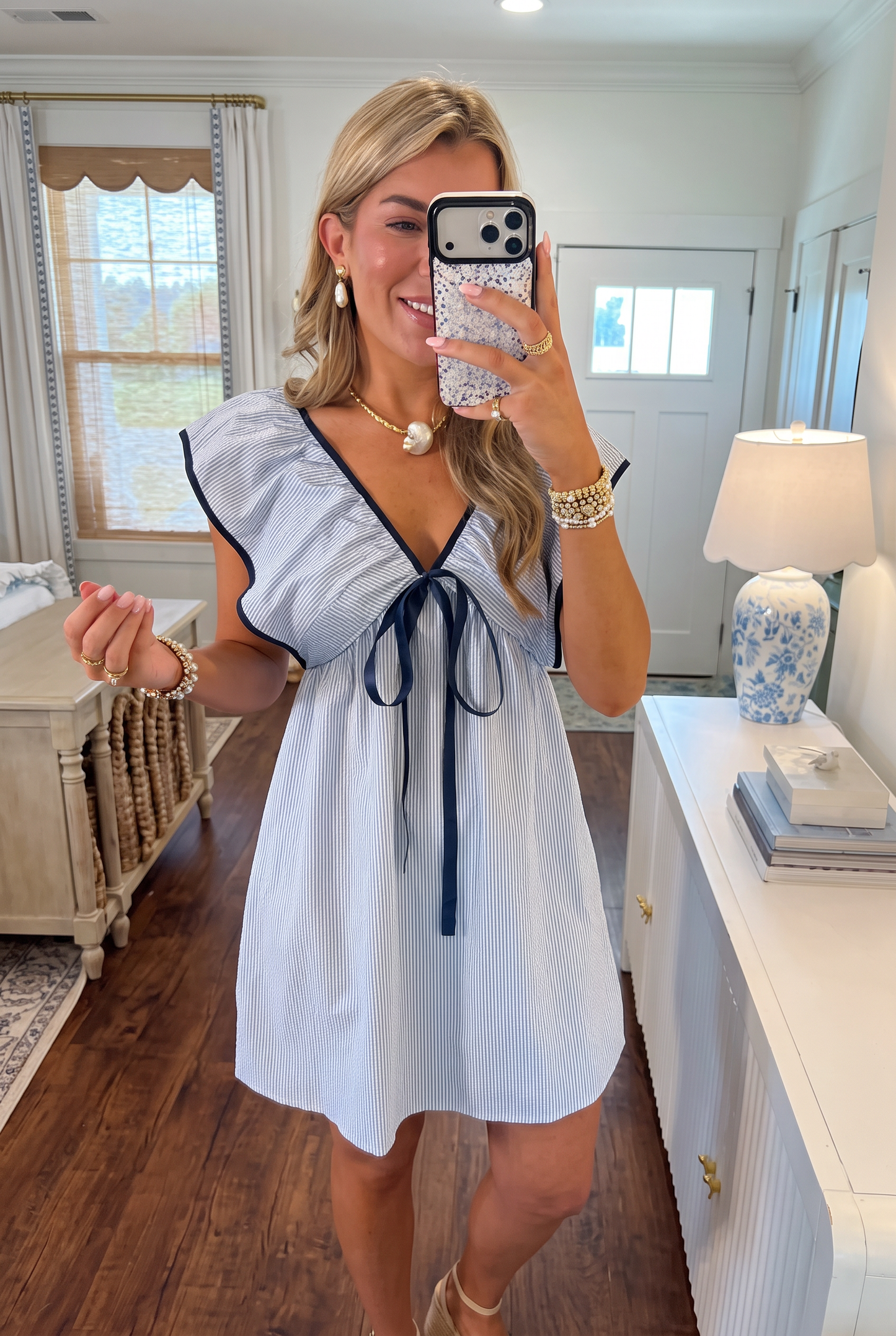 Blue Striped V-Neck Ruffle Mini Dress