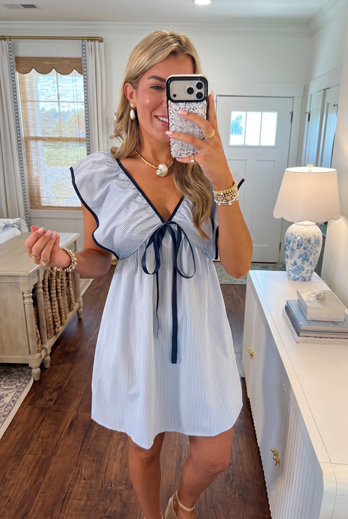 Blue Striped V-Neck Ruffle Mini Dress