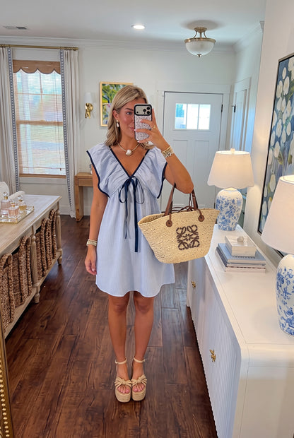 Blue Striped V-Neck Ruffle Mini Dress