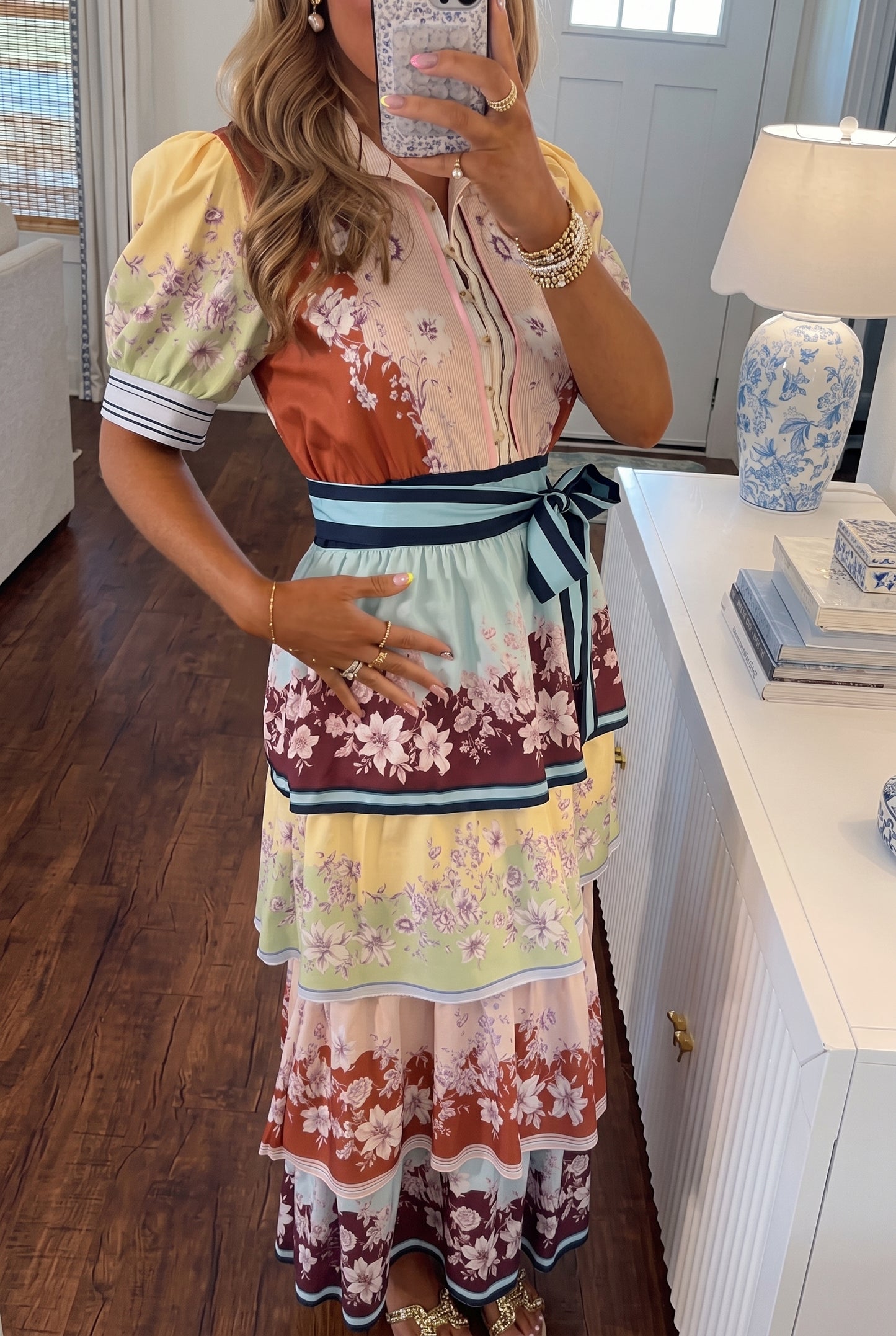 Colorblock Floral Tiered Midi Dress | Puff Short Sleeve Belted Shirt Dress