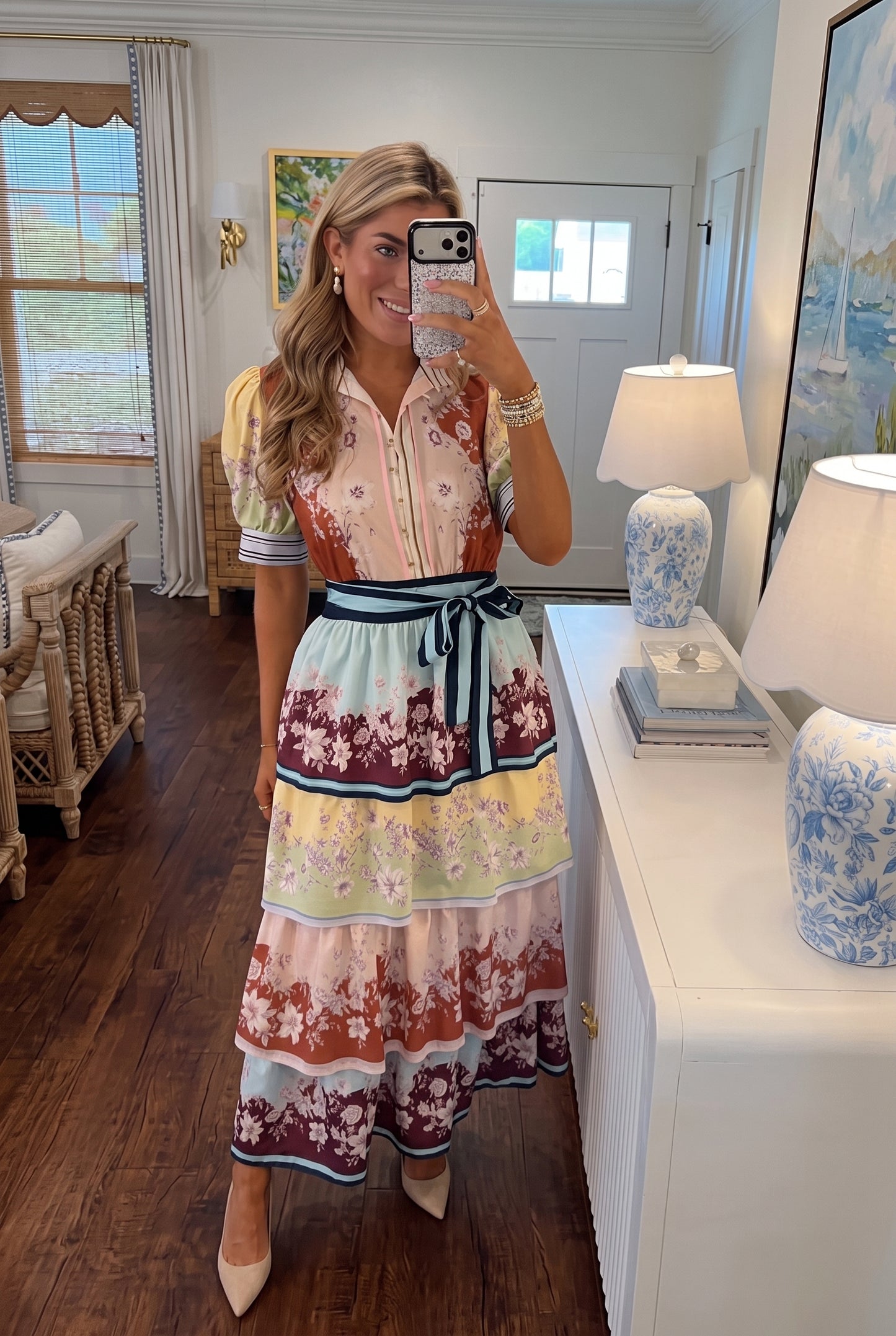 Colorblock Floral Tiered Midi Dress | Puff Short Sleeve Belted Shirt Dress