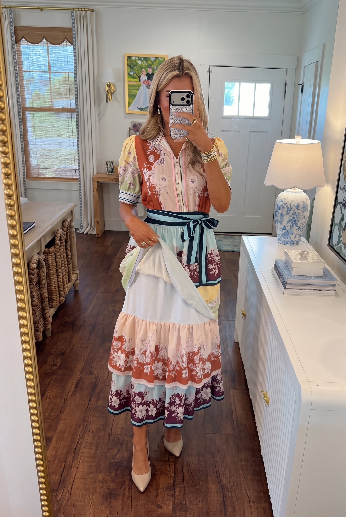 Colorblock Floral Tiered Midi Dress | Puff Short Sleeve Belted Shirt Dress