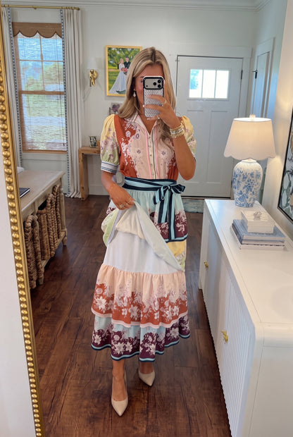 Colorblock Floral Tiered Midi Dress | Puff Short Sleeve Belted Shirt Dress