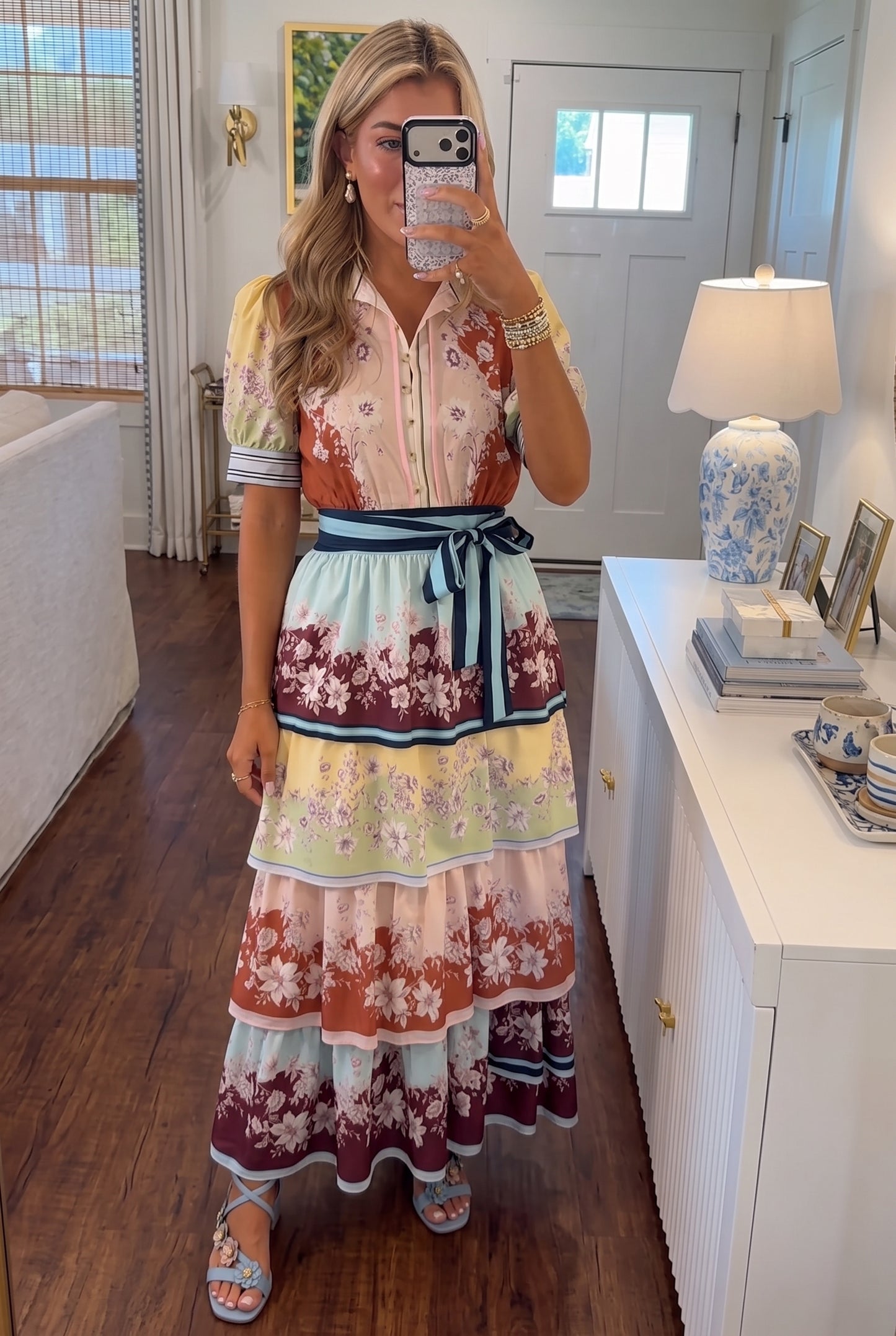 Colorblock Floral Tiered Midi Dress | Puff Short Sleeve Belted Shirt Dress