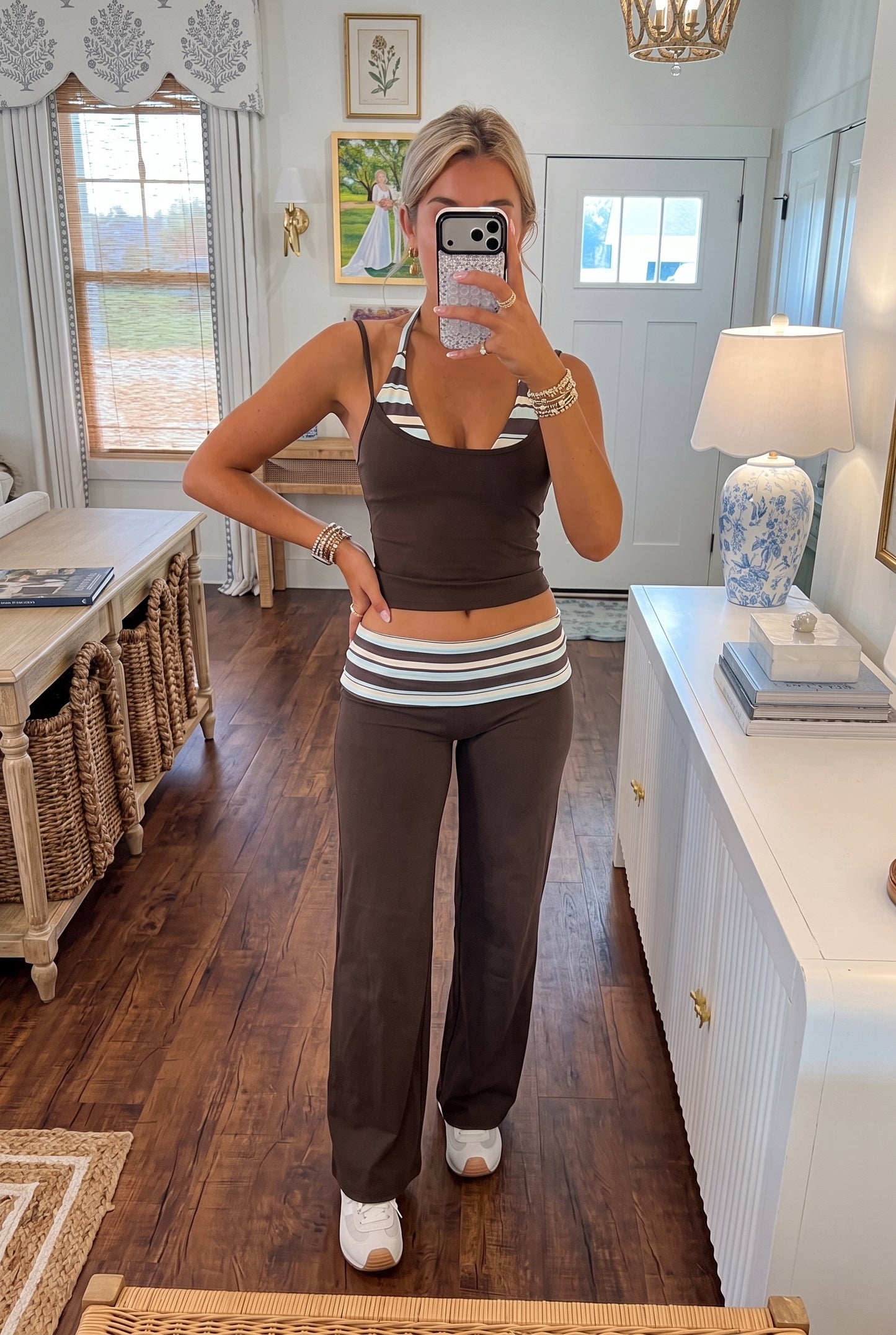 Striped Waist Active 2-Piece Set | Cami Tank Top & Flare Pants Loungewear Outfit