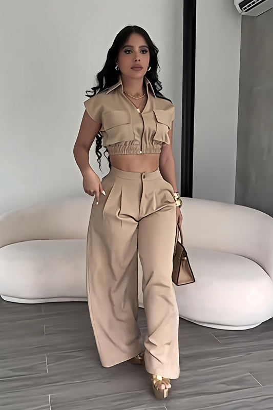 Khaki Two-Piece Set | Crop Shirt & High-Waist Wide Leg Pants