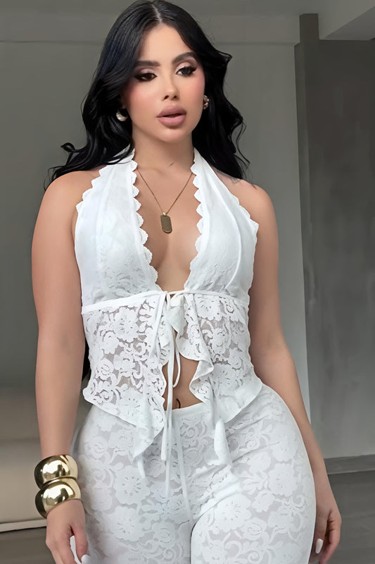 Viral White Lace Two-Piece Set | Halter Top & Flare Pants