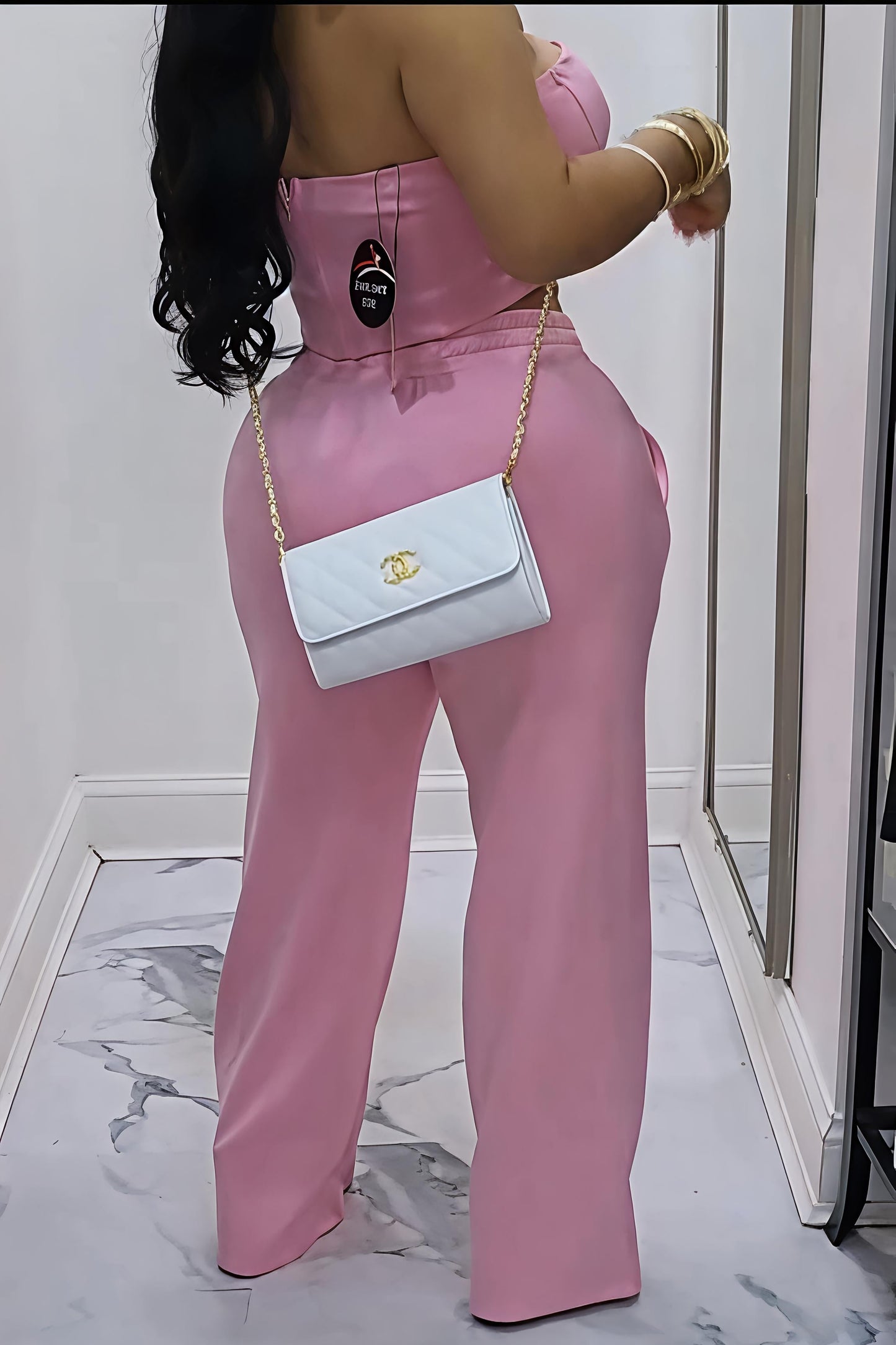 Two Piece Pink Strapless Corset Top & Button Side Wide Leg Pants Set | Casual Streetwear