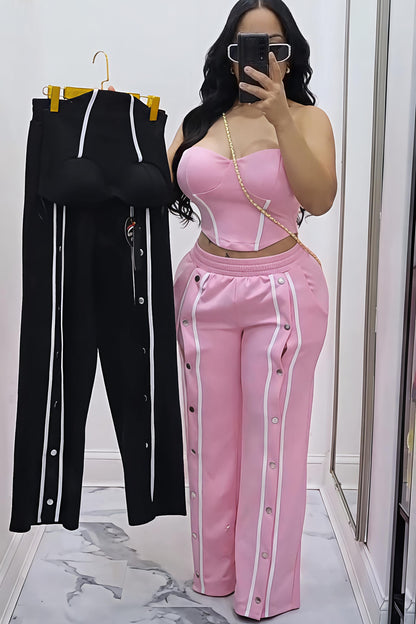 Two Piece Pink Strapless Corset Top & Button Side Wide Leg Pants Set | Casual Streetwear