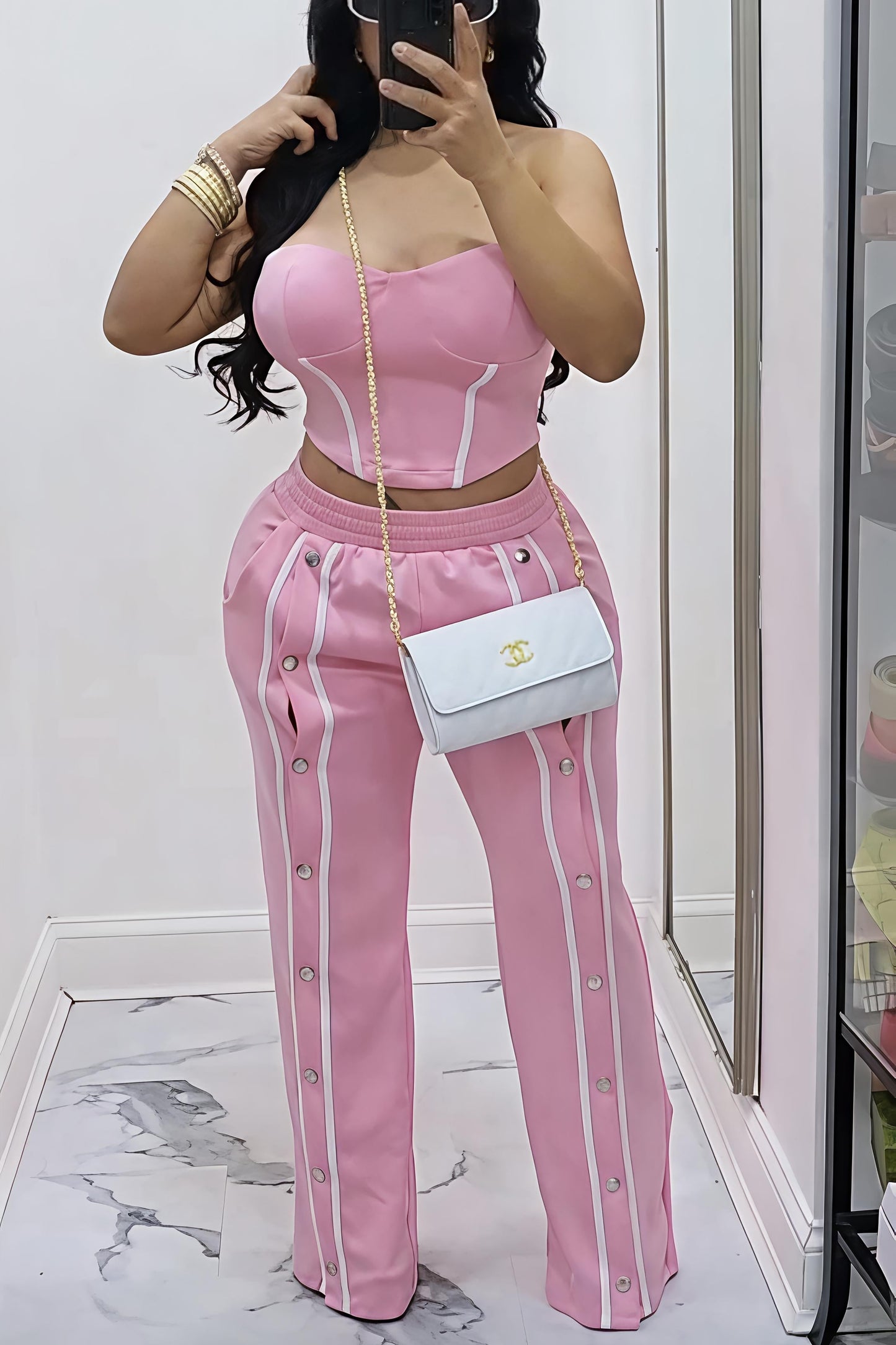 Two Piece Pink Strapless Corset Top & Button Side Wide Leg Pants Set | Casual Streetwear