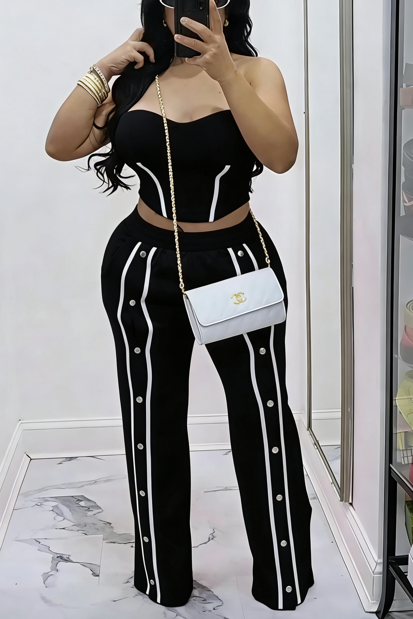 Two Piece Pink Strapless Corset Top & Button Side Wide Leg Pants Set | Casual Streetwear
